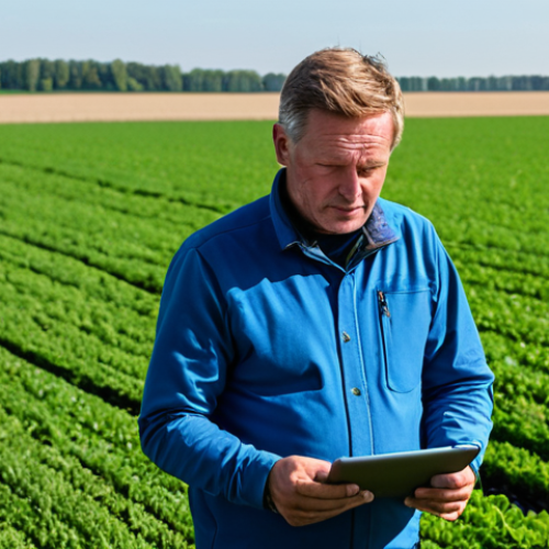 Home 14 A professional Dutch farmer, fully clothed in appropriate, modest attire, stands in a vast, vibrant green field in the Flevoland region of the Netherlands. He holds a tablet, reviewing real-time data from a smart irrigation system, with a subtle drone flying overhead monitoring crops in the distance. The field shows signs of precision agriculture, with sensors visible near the ground. The scene is bright and hopeful under a clear sky, emphasizing modern farming technology. Perfect anatomy, correct proportions, natural pose, well-formed hands, proper finger count, natural body proportions. High-quality professional photography, natural lighting, sharp focus. Safe for work, appropriate content, fully clothed, professional.