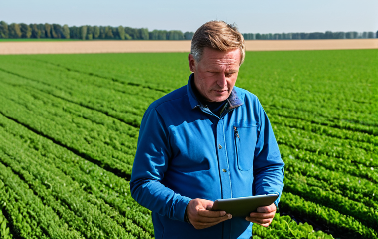 A professional Dutch farmer, fully clothed in appropriate, modest attire, stands in a vast, vibrant green field in the Flevoland region of the Netherlands. He holds a tablet, reviewing real-time data from a smart irrigation system, with a subtle drone flying overhead monitoring crops in the distance. The field shows signs of precision agriculture, with sensors visible near the ground. The scene is bright and hopeful under a clear sky, emphasizing modern farming technology. Perfect anatomy, correct proportions, natural pose, well-formed hands, proper finger count, natural body proportions. High-quality professional photography, natural lighting, sharp focus. Safe for work, appropriate content, fully clothed, professional.