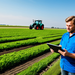 A professional Dutch farmer, mid-30s, male, fully clothed in modest work attire, stands in an expansive, vibrant green agricultural field in Flevoland, Netherlands. Under a clear sky, an autonomous tractor precisely cultivates the land in the background, while drones are subtly visible flying overhead. Advanced soil sensors are integrated into the foreground. The farmer holds a tablet, looking at data with a thoughtful expression, emphasizing innovation and efficiency. High-resolution, professional photography, realistic, perfect anatomy, correct proportions, natural pose, well-formed hands, proper finger count. Safe for work, appropriate content, fully clothed, professional, family-friendly.