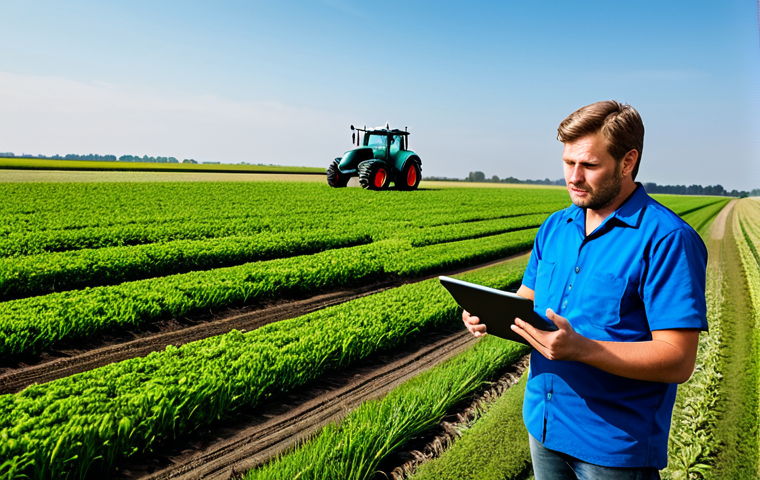 A professional Dutch farmer, mid-30s, male, fully clothed in modest work attire, stands in an expansive, vibrant green agricultural field in Flevoland, Netherlands. Under a clear sky, an autonomous tractor precisely cultivates the land in the background, while drones are subtly visible flying overhead. Advanced soil sensors are integrated into the foreground. The farmer holds a tablet, looking at data with a thoughtful expression, emphasizing innovation and efficiency. High-resolution, professional photography, realistic, perfect anatomy, correct proportions, natural pose, well-formed hands, proper finger count. Safe for work, appropriate content, fully clothed, professional, family-friendly.